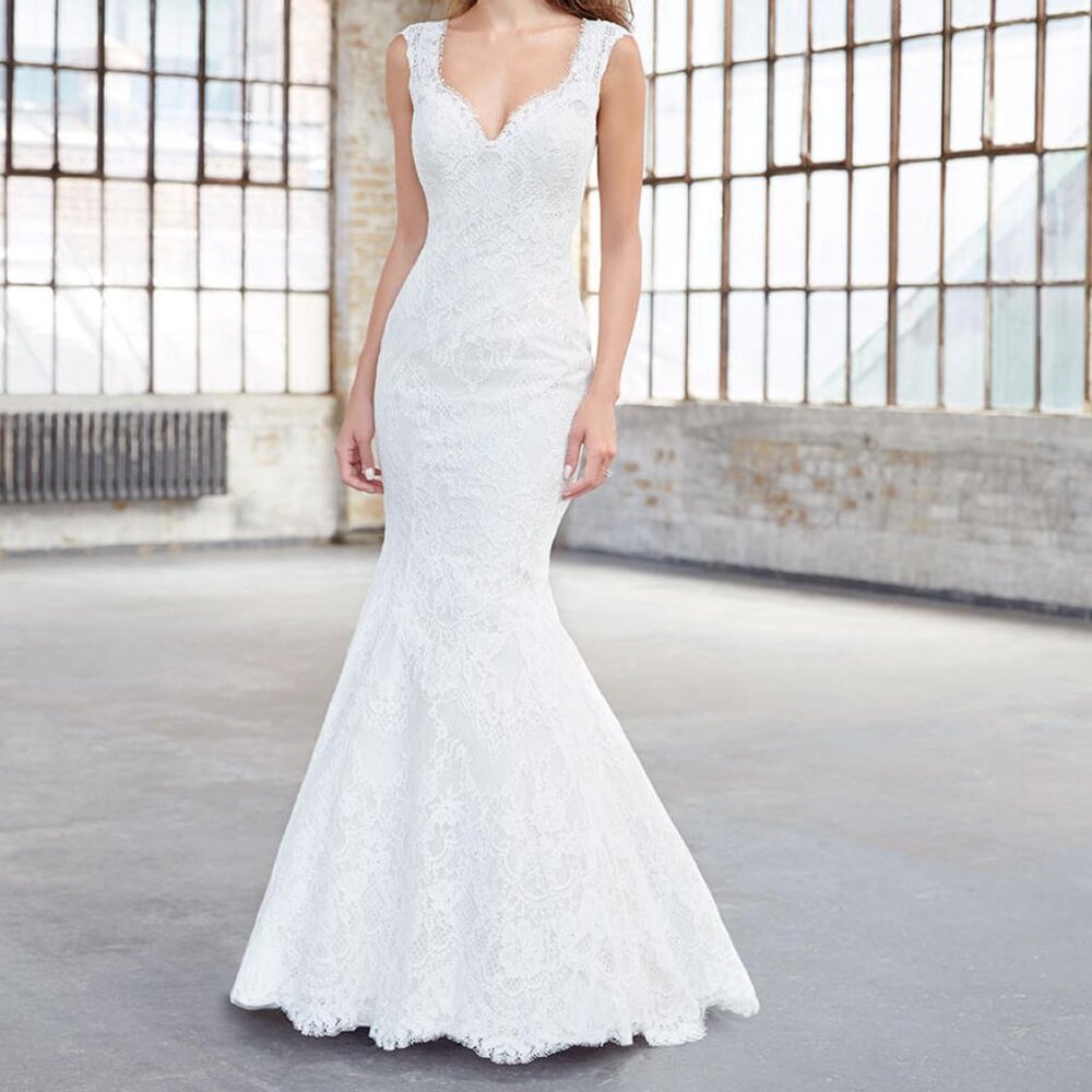 Mermaid Backless Ivory Wedding Dress, Romantic Boho Fitted Sexy Fit & Flare